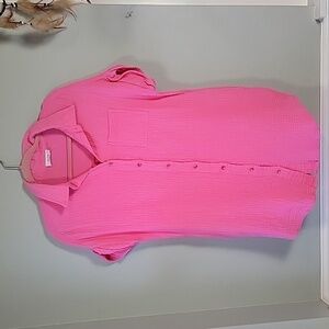 Pink Crinkle cotton short sleeved button front shirt dress